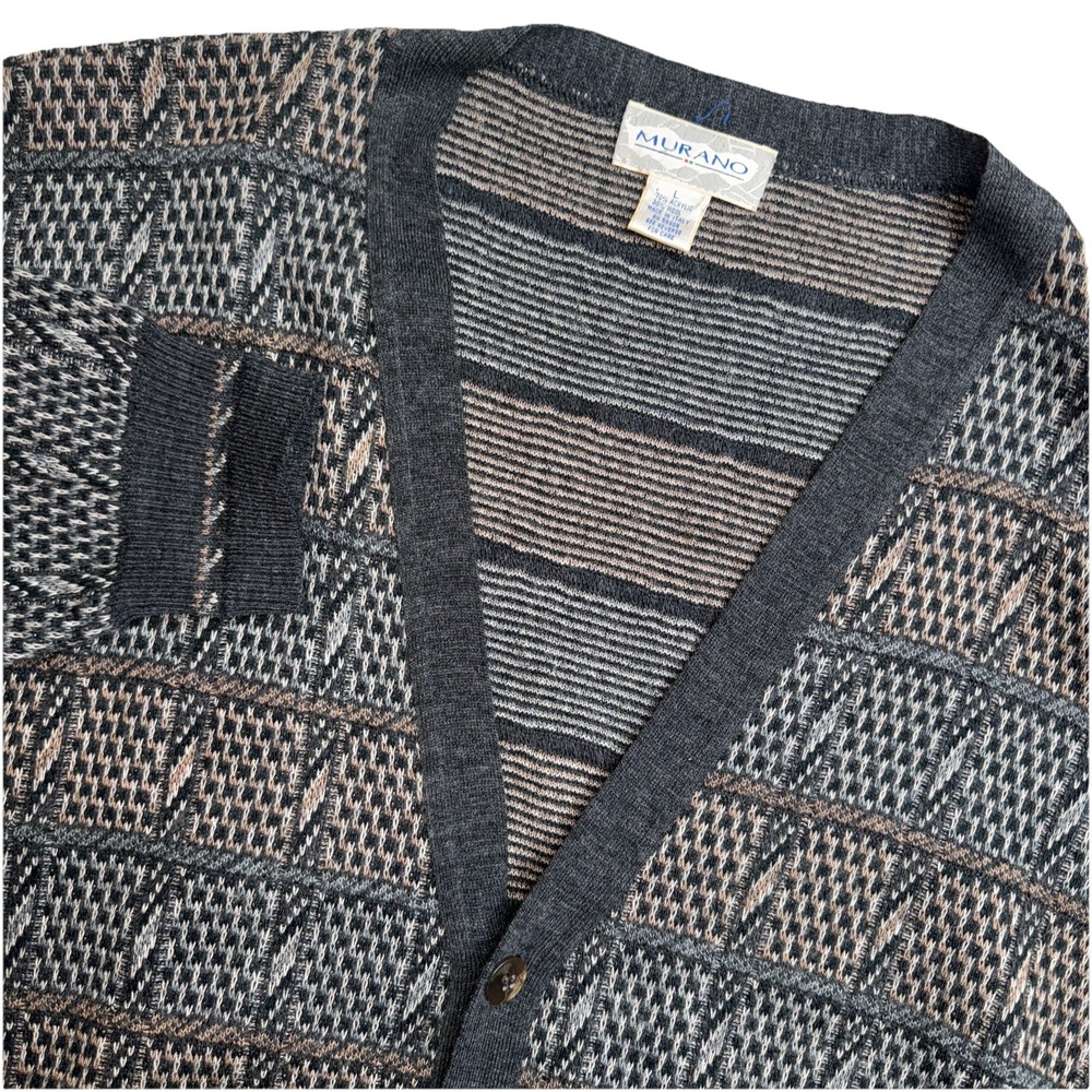 Vintage Murano Cardigan Men's Grandpa Sweater V-neck 5 Button Large Gray/Tan/Brn